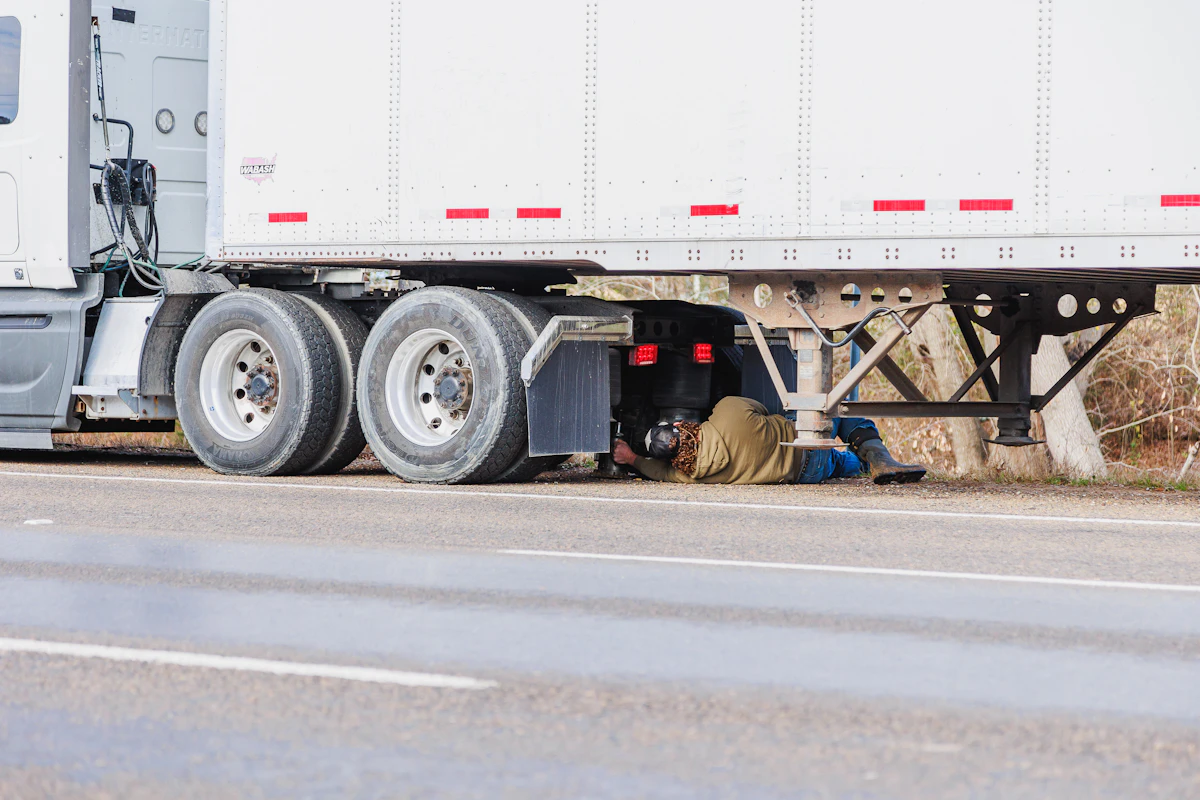 mechanic under a semi truck on the roadside