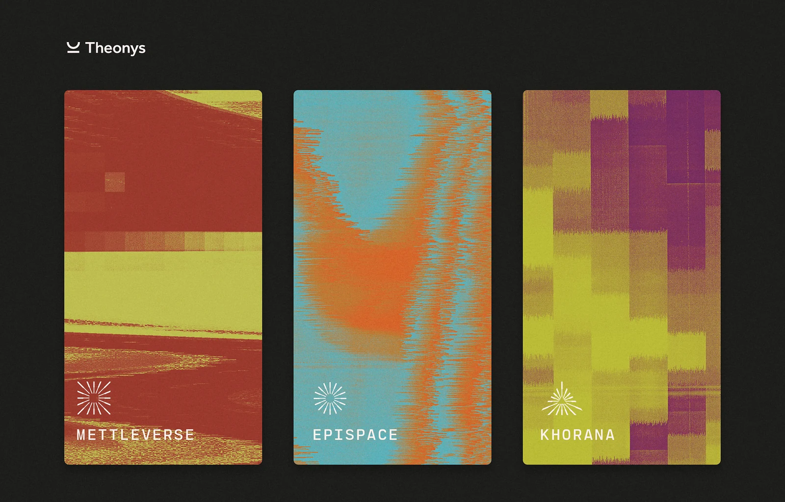 Mettleverse, EpiSpace, and Khorana identity cards with colorful scientific textures.