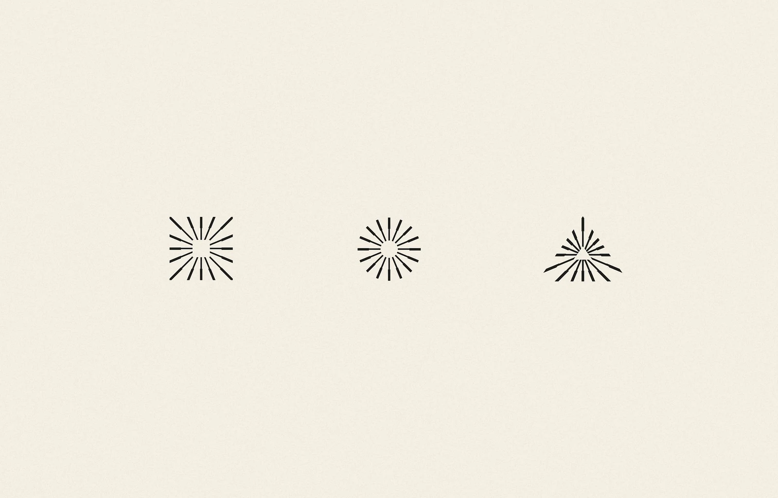 Three radial geometric logo marks on an off-white background.