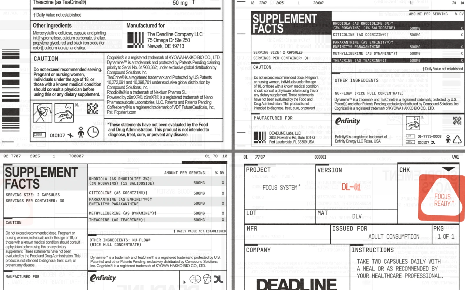 Black and white packaging labels and detailed printed micrographics.