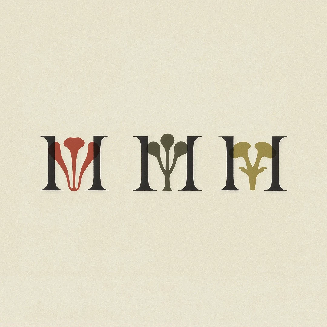 Three M monogram logo studies with decorative inner shapes.