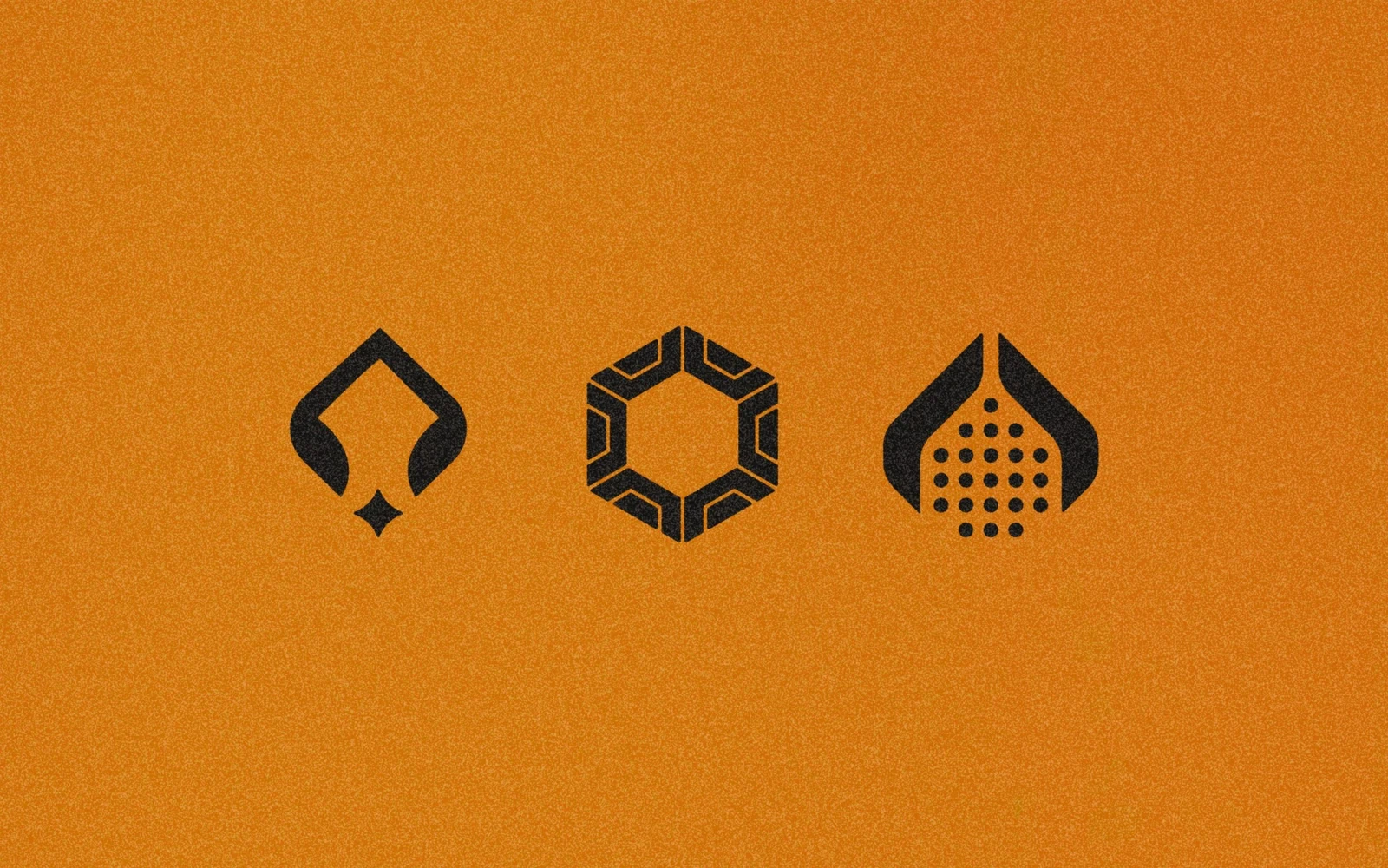 Three black geometric brand marks on a textured orange background.