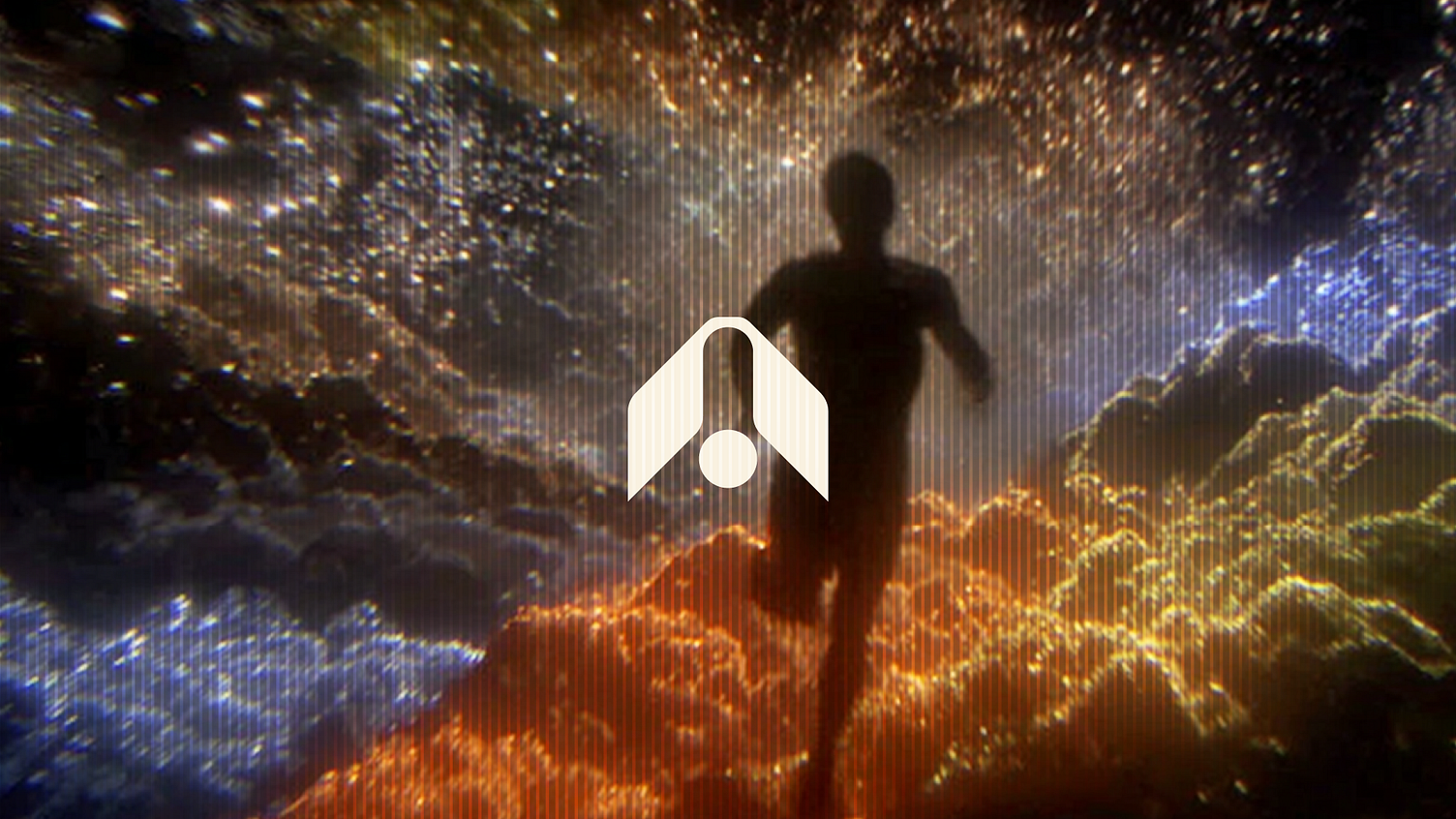 Cream arch-and-circle symbol over a silhouetted runner amid orange and blue light trails.