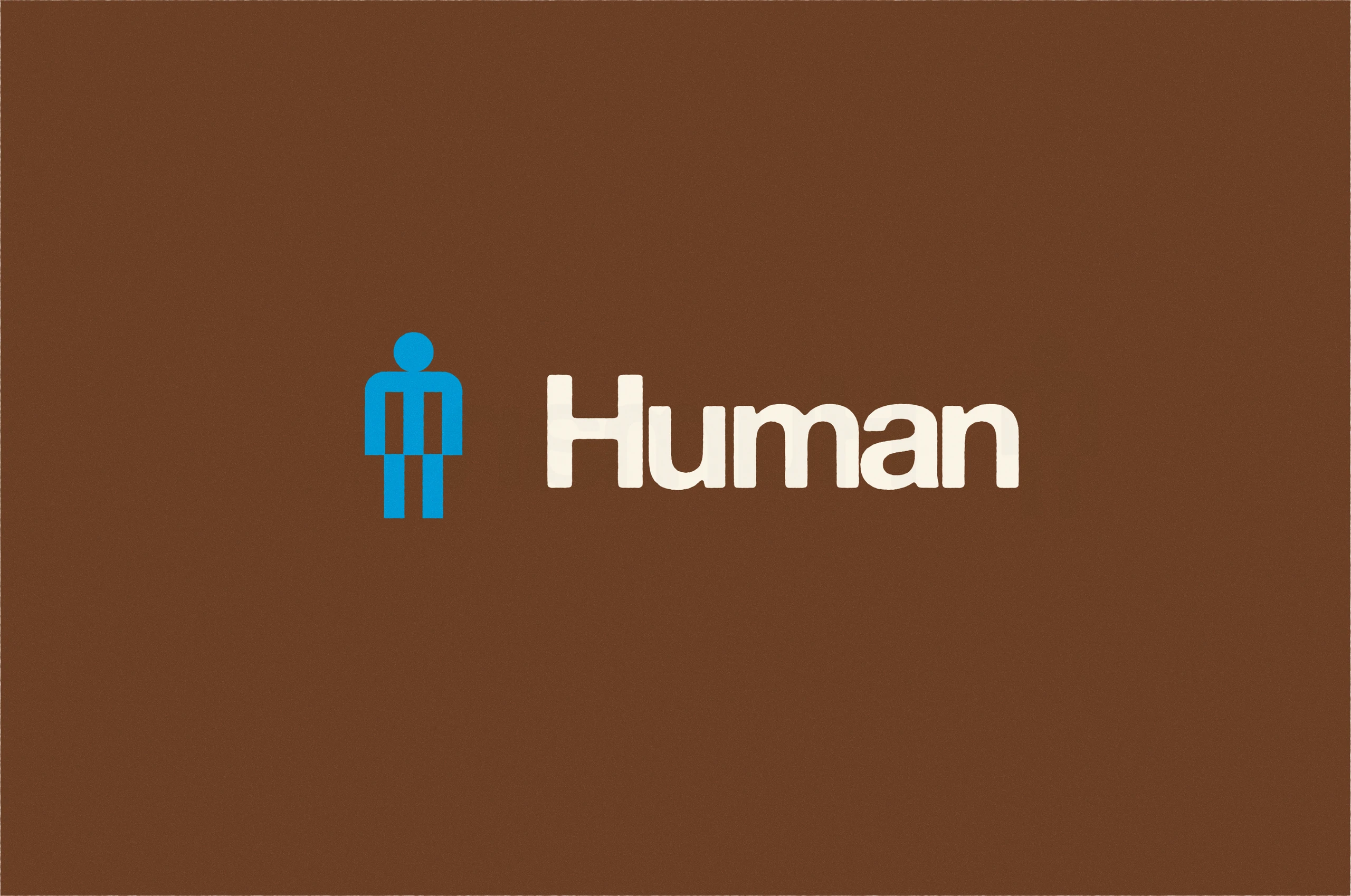 Blue geometric human symbol beside a cream Human wordmark on a brown background.