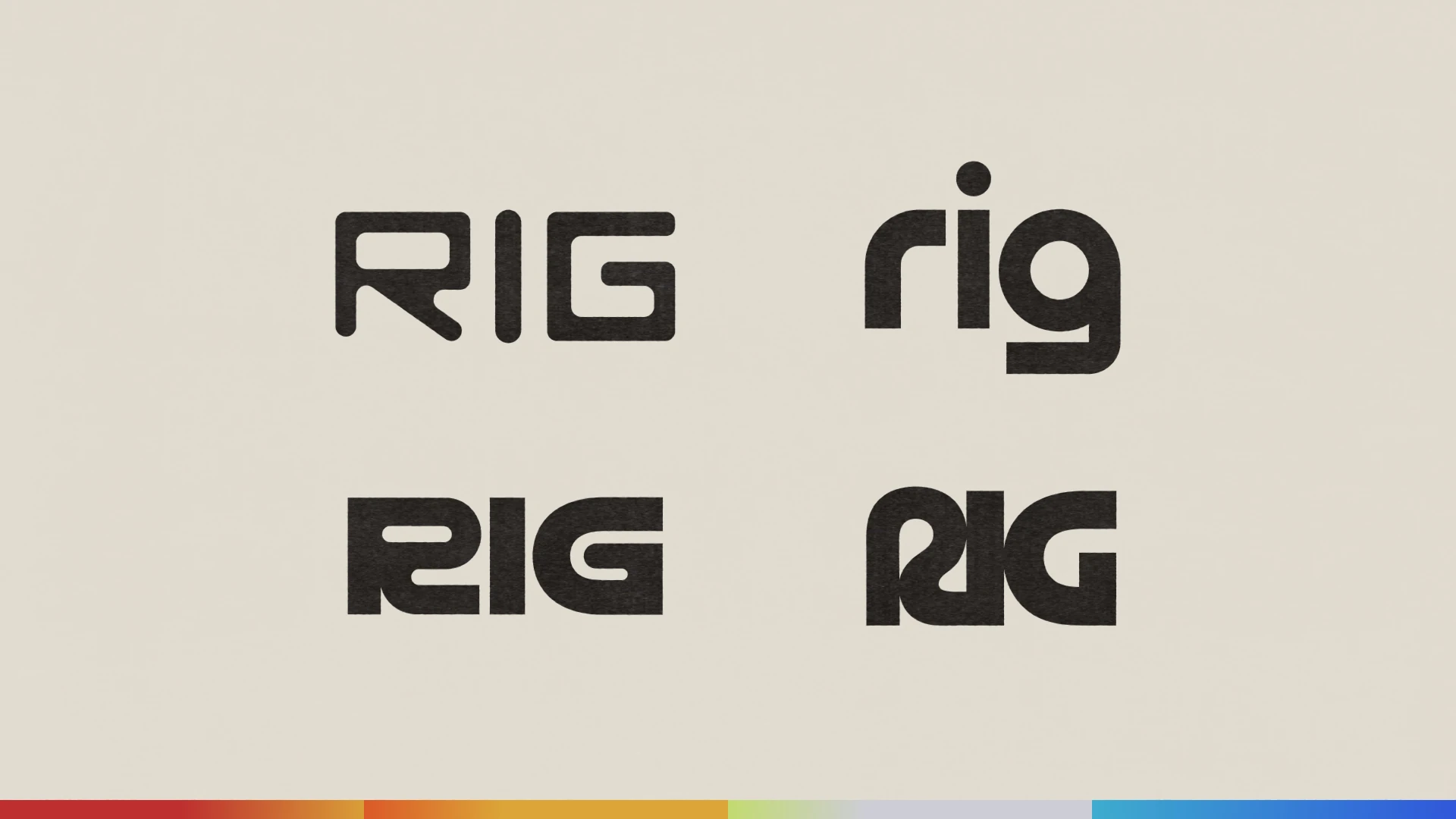 Four black RIG wordmark concepts arranged in two rows above a multicolor palette strip.