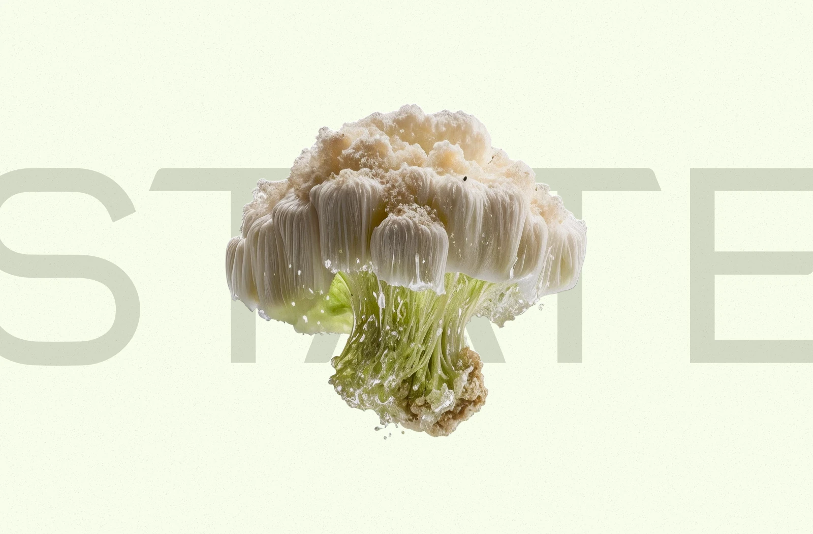 A floating pale mushroom-like form with delicate green stems in front of oversized State lettering on a cream background.
