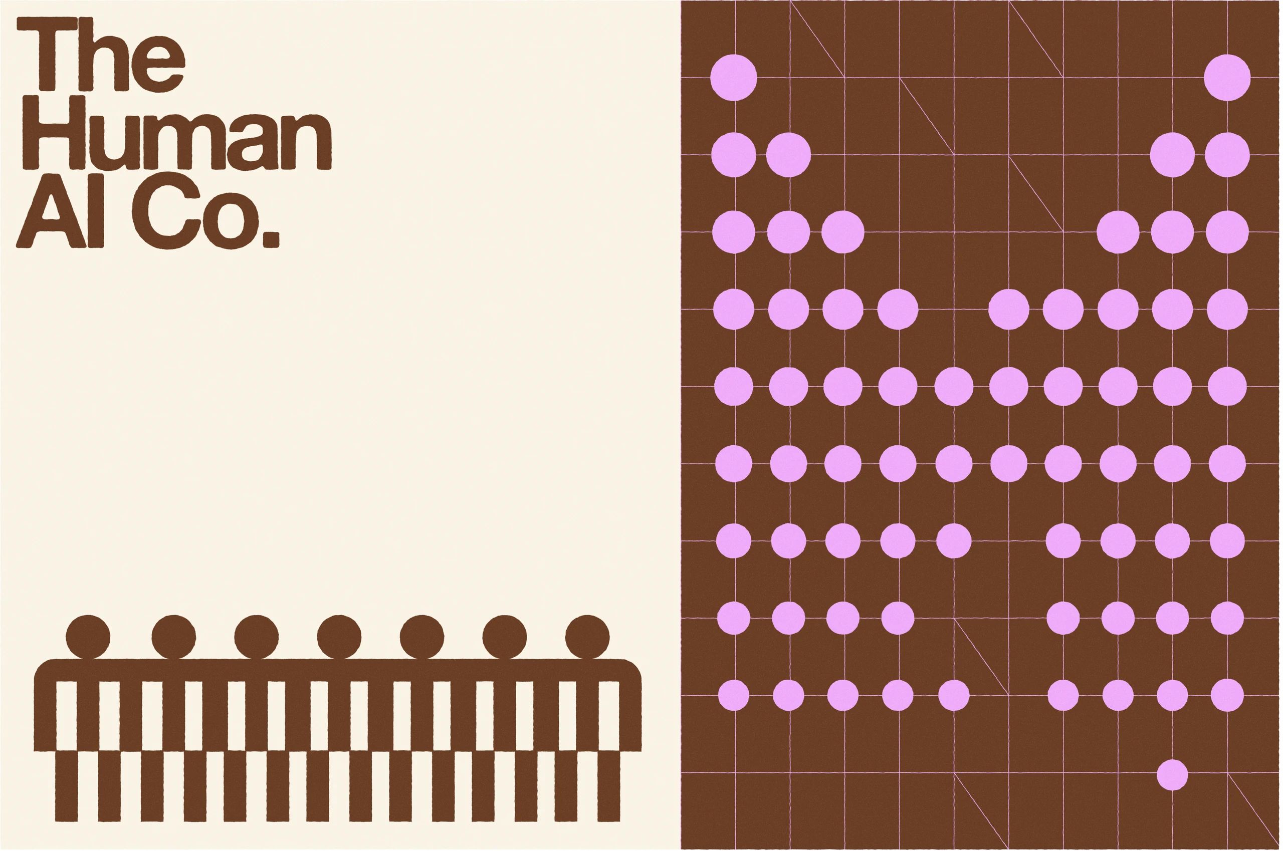 The Human AI Co. identity study with a row of geometric human figures and a pink dotted pattern on a brown grid.