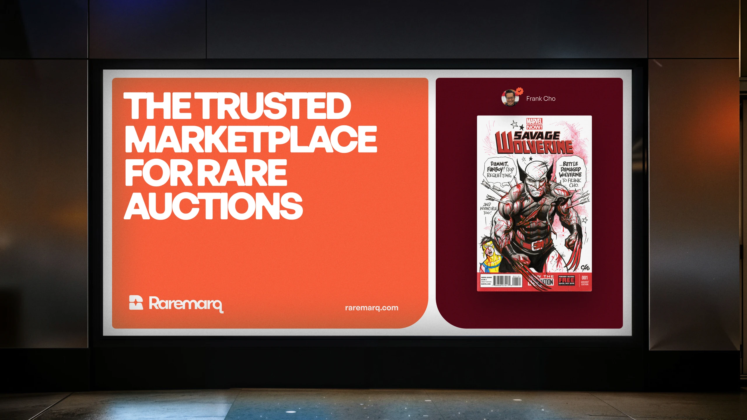 Raremarq marketplace advertising on an illuminated display