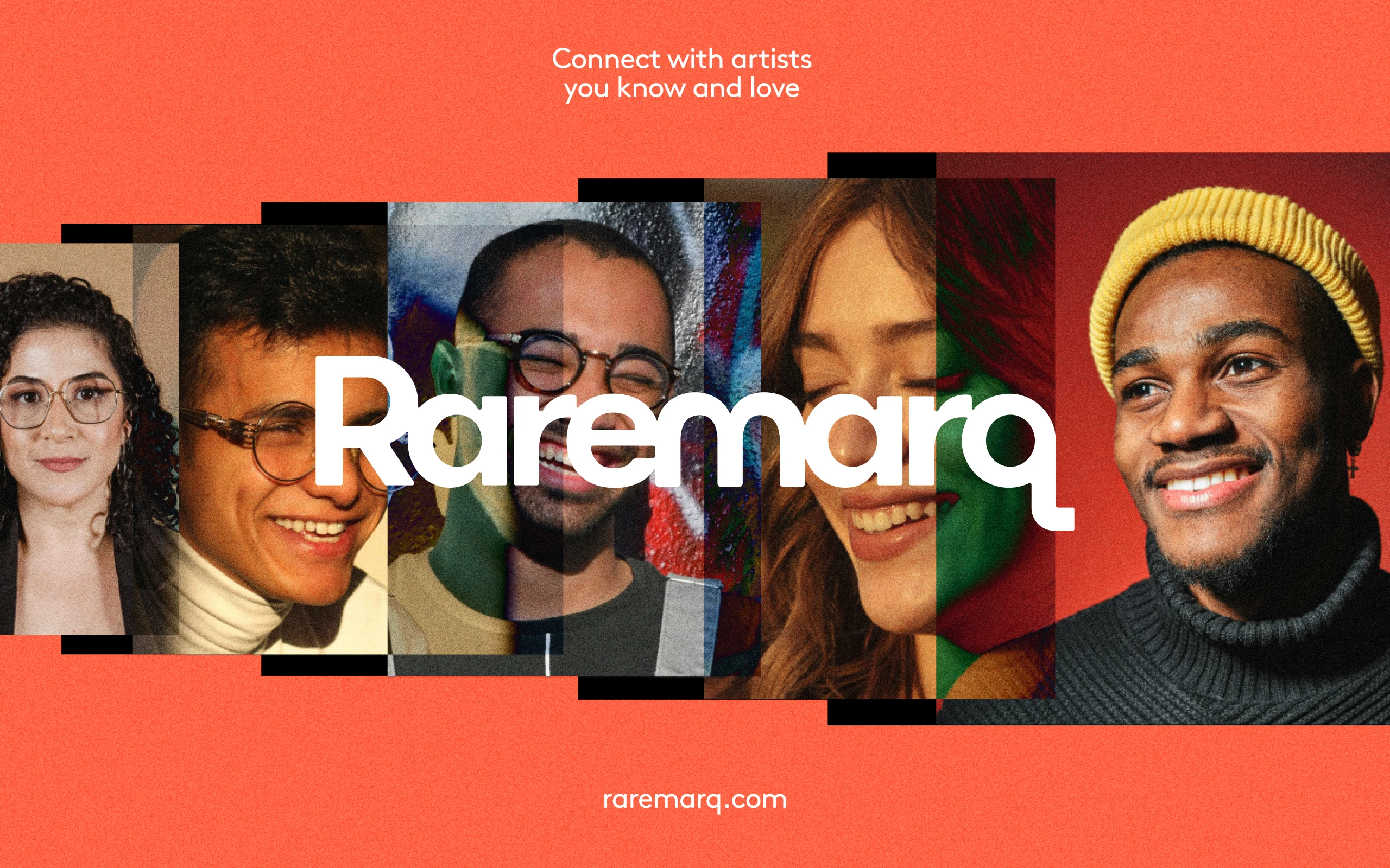 Raremarq wordmark over artist portraits on an orange background, with the line Connect with artists you know and love