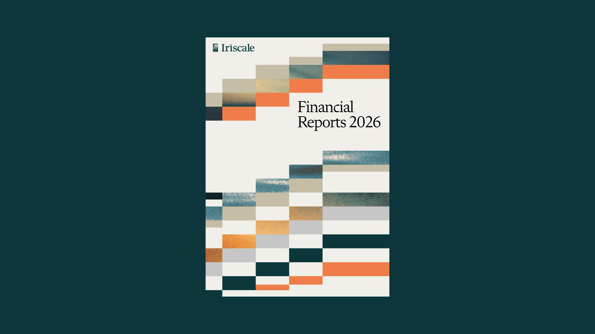 Iriscale financial report cover with stepped geometric patterns on a deep teal background