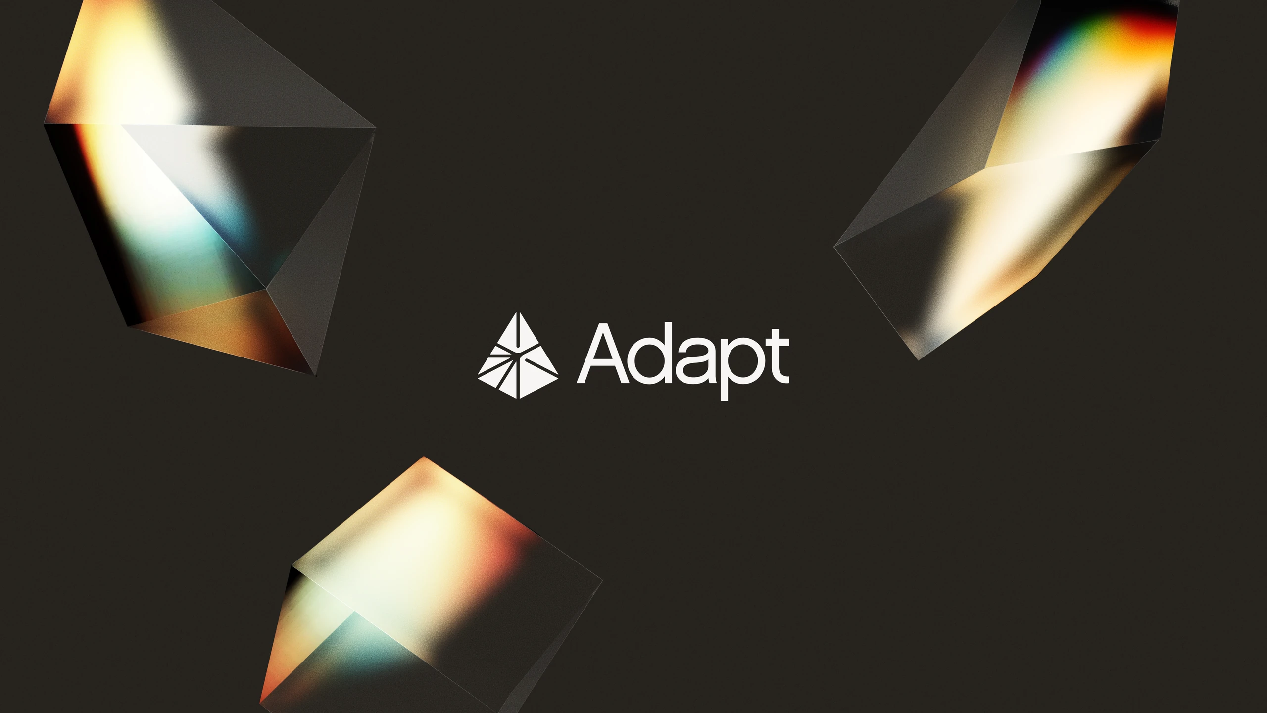 Adapt white symbol and wordmark surrounded by three glass prisms on a dark background