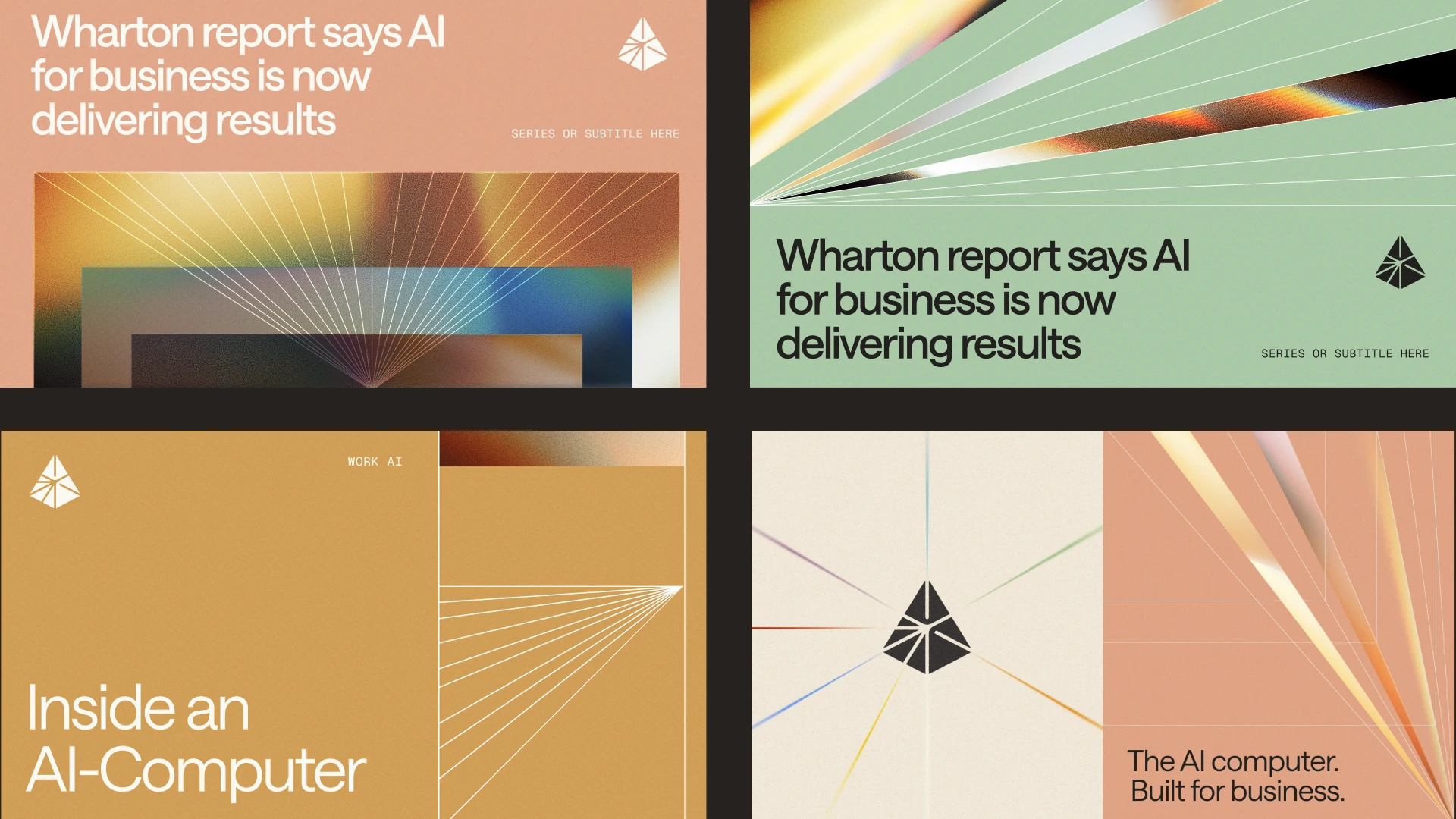 Four Adapt brand graphics combining prismatic light, geometric lines, and editorial typography