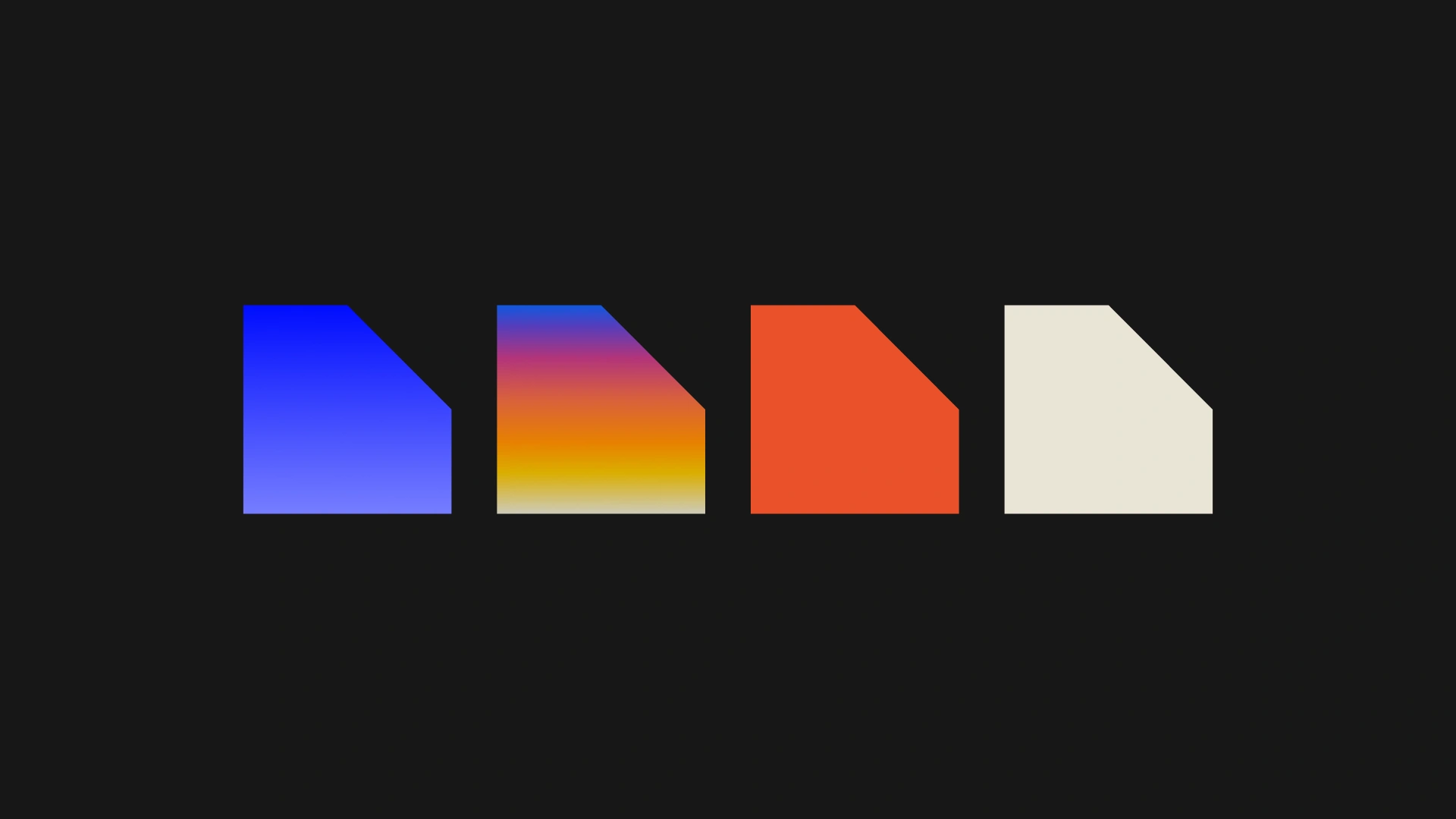 Four Rig geometric shapes with clipped upper-right corners, shown in blue gradient, rainbow gradient, orange, and cream on a dark background.