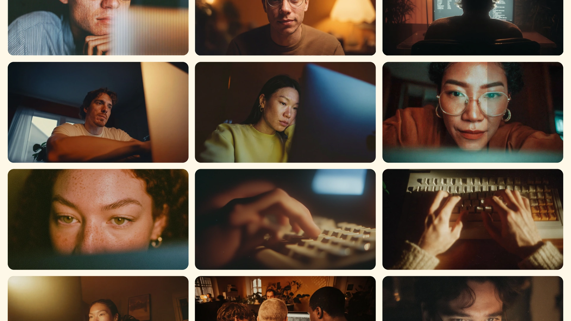 A grid of warm cinematic portraits and close-up photographs of people working at computers.