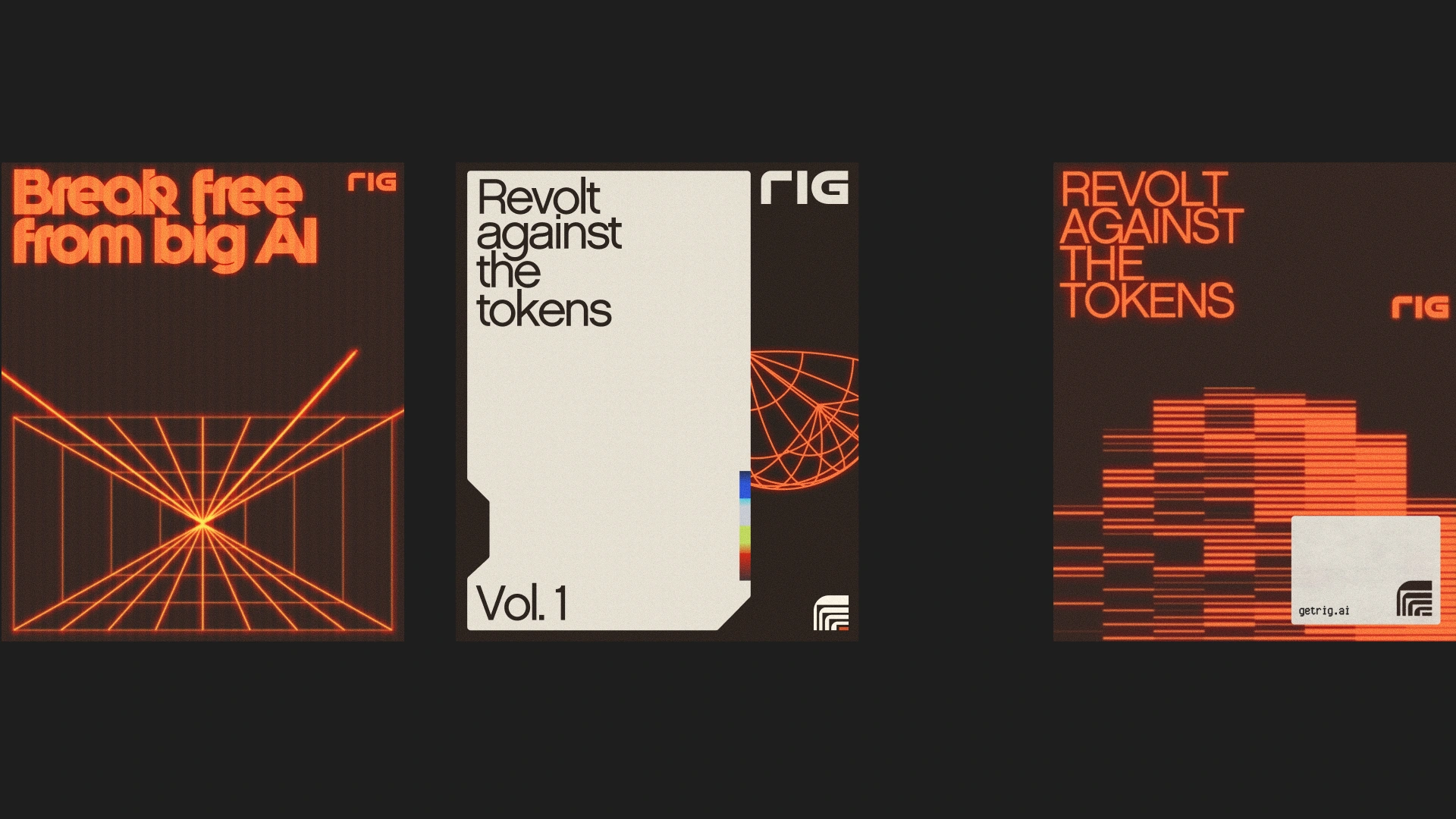 Three Rig campaign posters combining orange typography, geometric grids, and the message “Revolt against the tokens.”