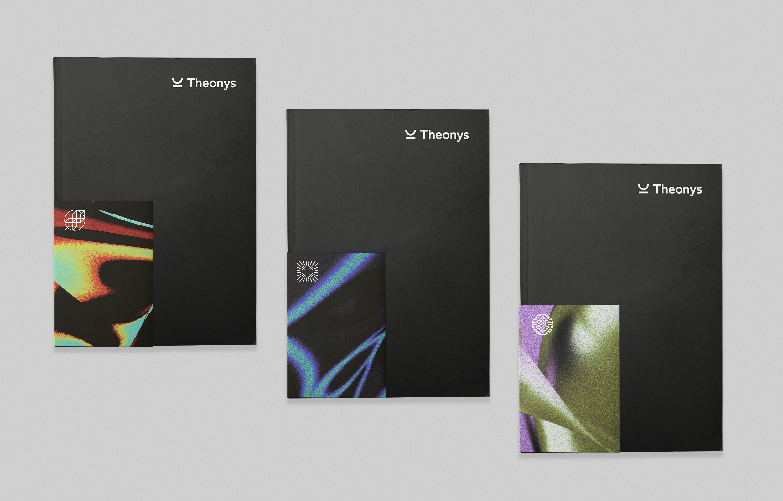 Theonys print exploration with sub-brand identities and abstract imagery.