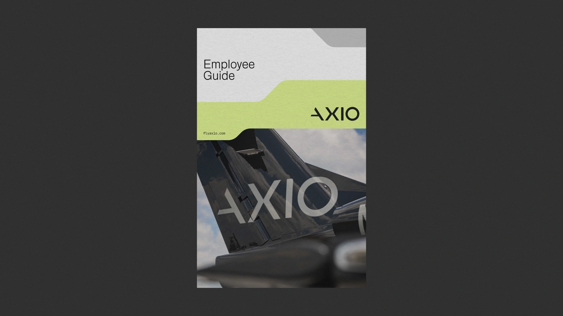 Axio employee guide with lime and gray graphics over aircraft photography.