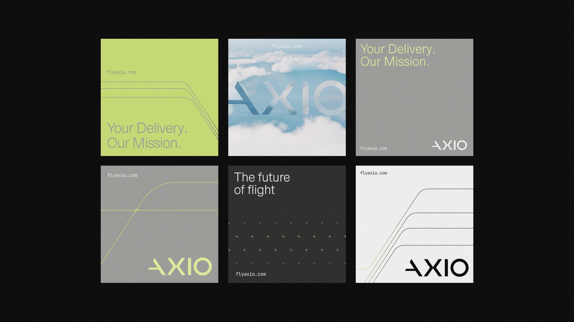 Six Axio social graphics combining lime and gray brand elements with aviation imagery.