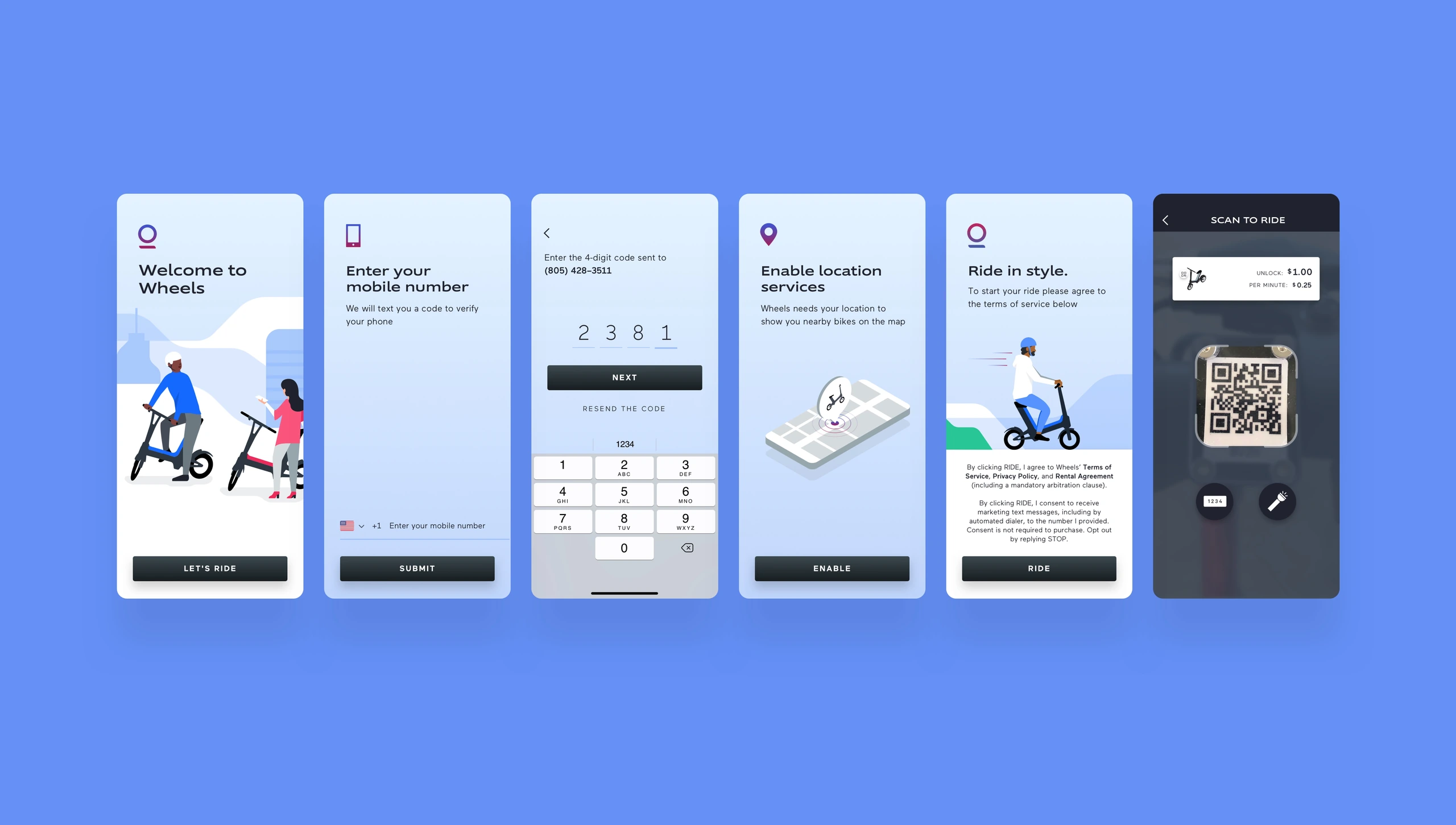 Wheels rider onboarding screens on a blue background.