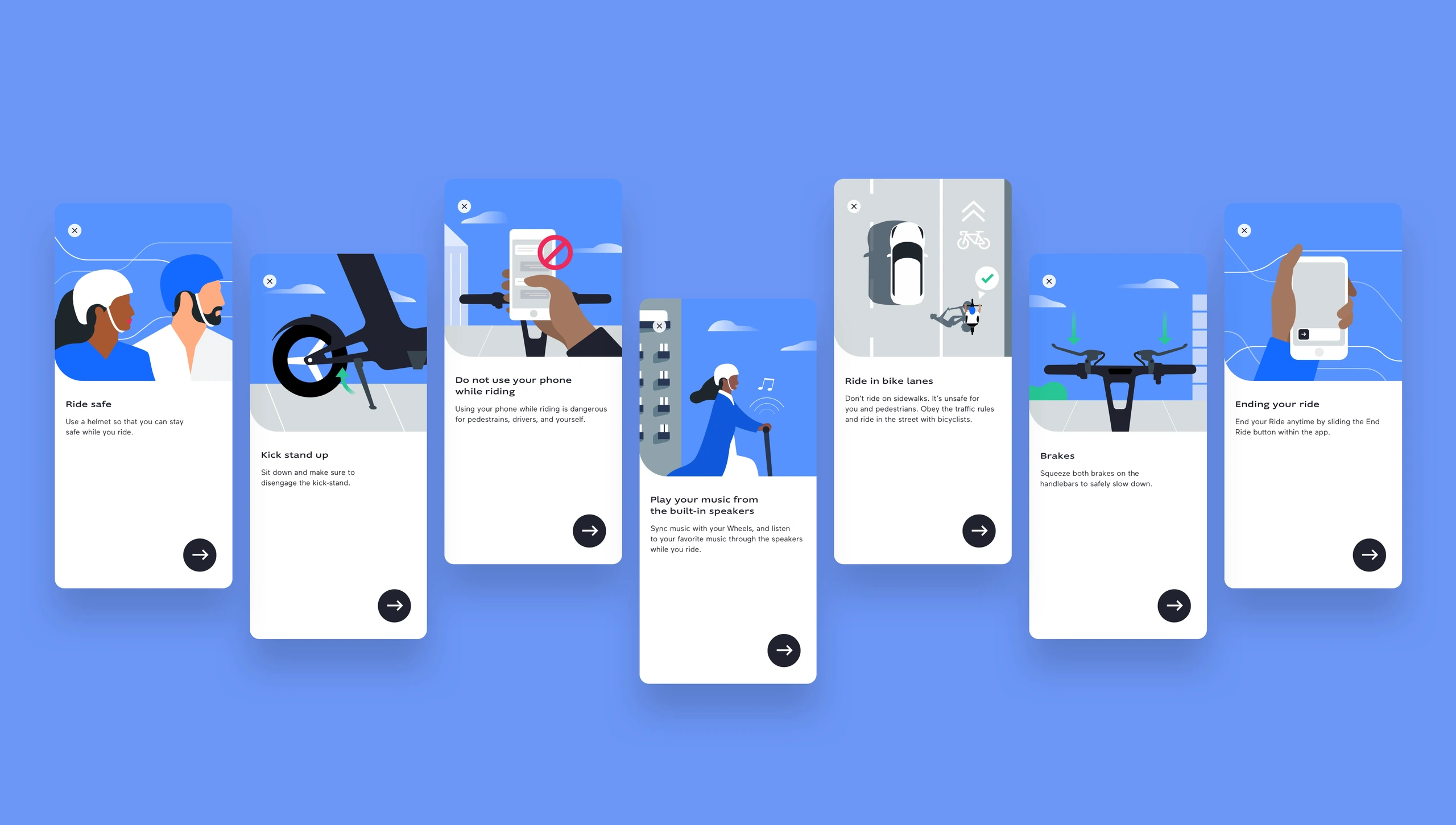 Wheels illustrated onboarding and safety messages.