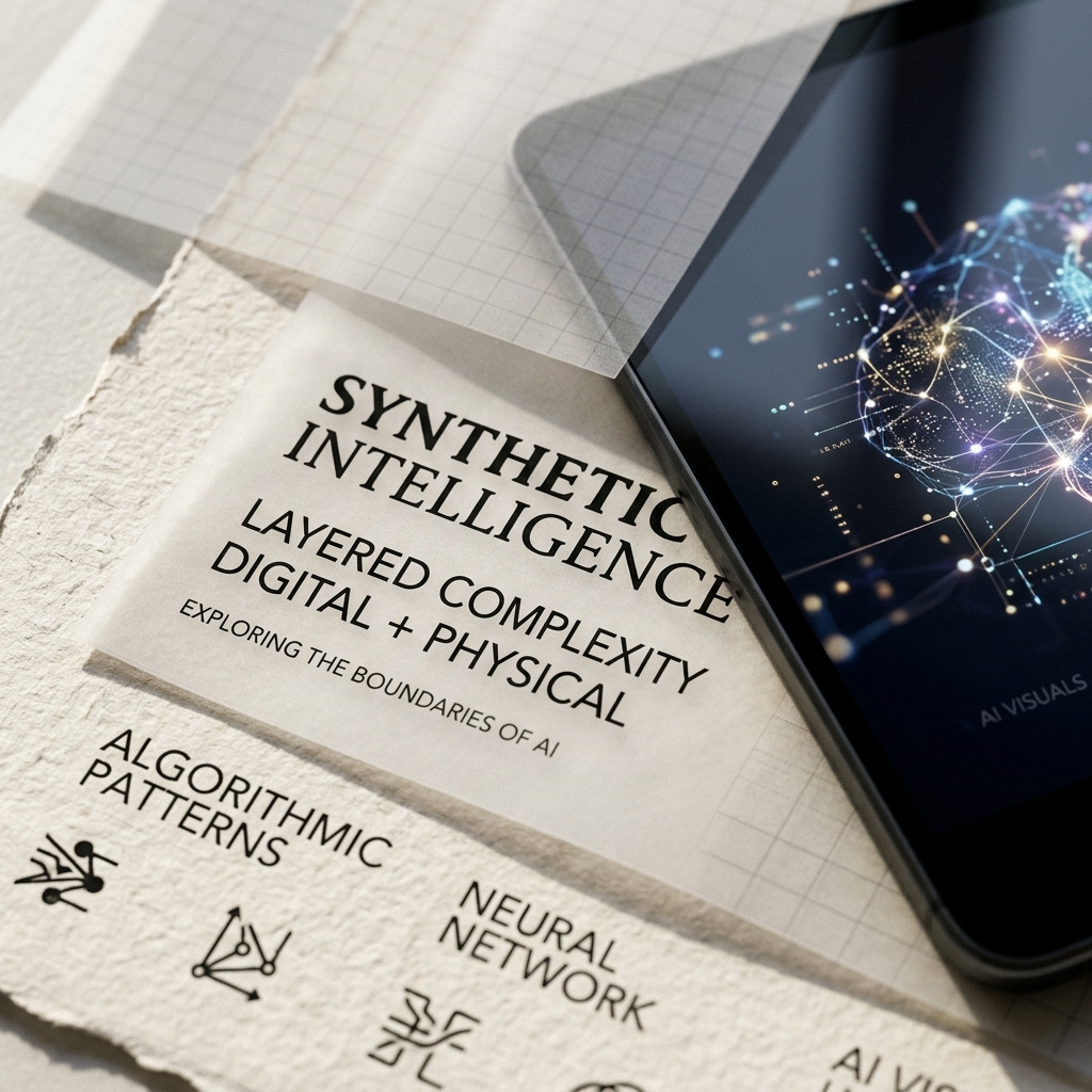 Macro shot of layered typography and textured paper with abstract AI reflections on a digital screen.