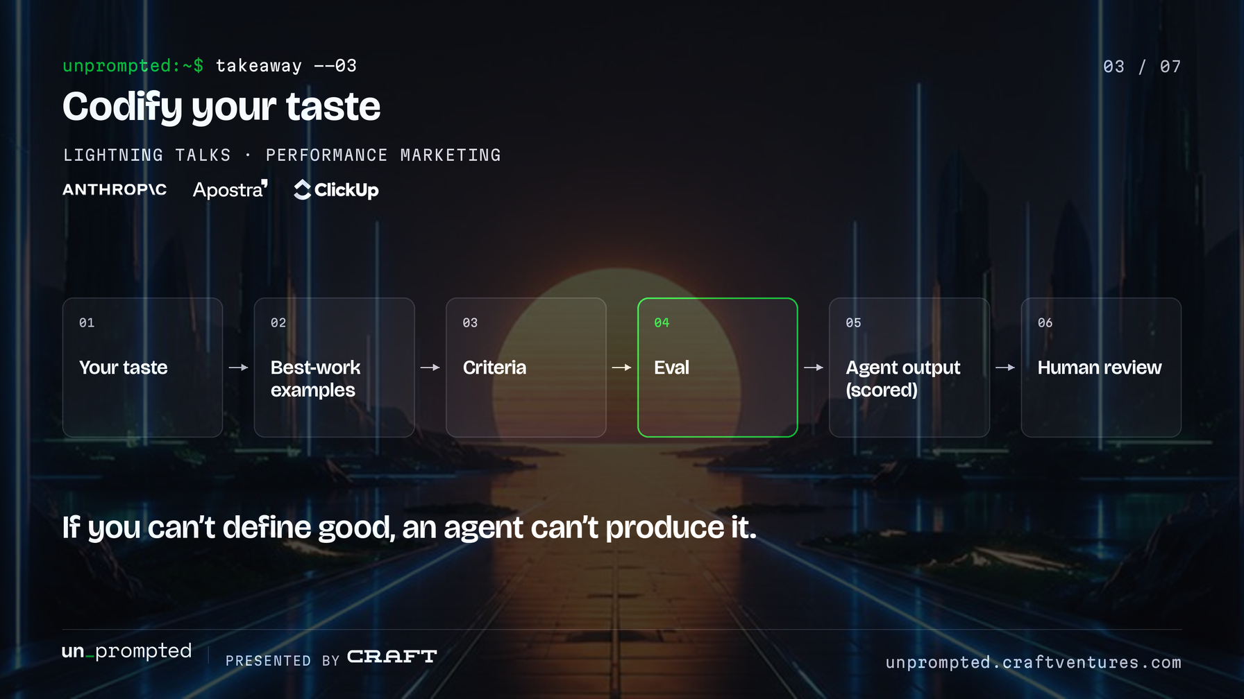 Takeaway 3 from the performance marketing lightning talks (Anthropic, Apostra, ClickUp): your taste becomes golden examples and criteria, then an eval that scores agent output before human review.
