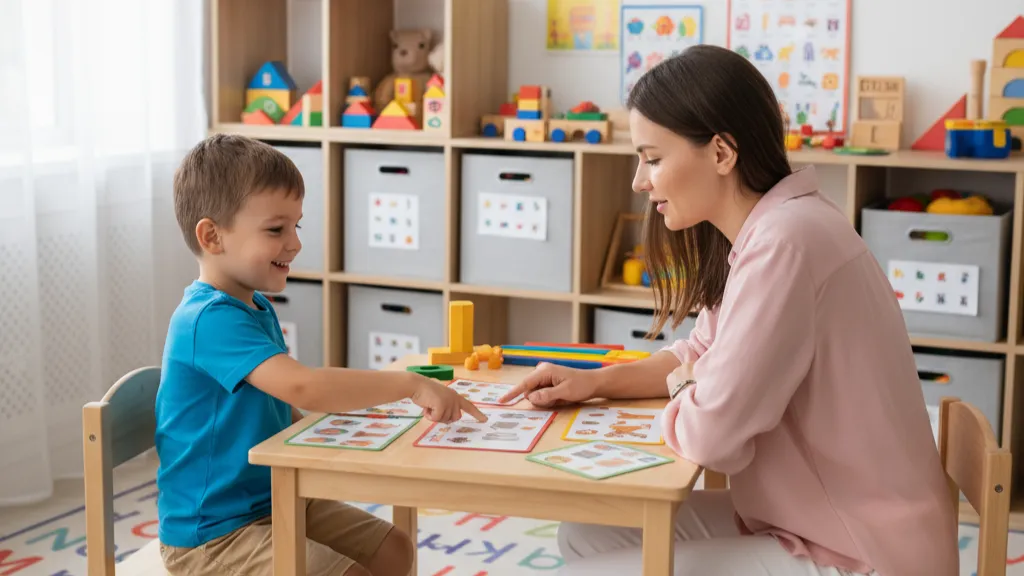 Dziecko siedzi przy stoliku, uśmiechnięte, wskazuje na obrazki, a specjalistka na nie patrzy z empatią.