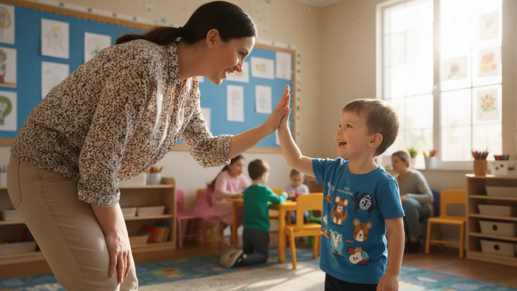Dziecko w przedszkolu przybija pitkę z panią