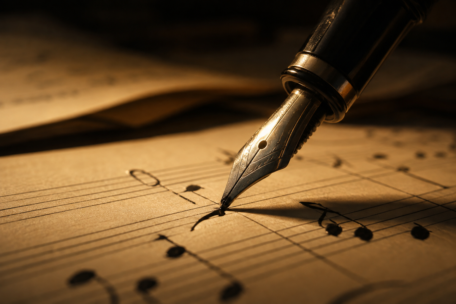 Fountain pen writing musical notation on manuscript paper in warm golden light