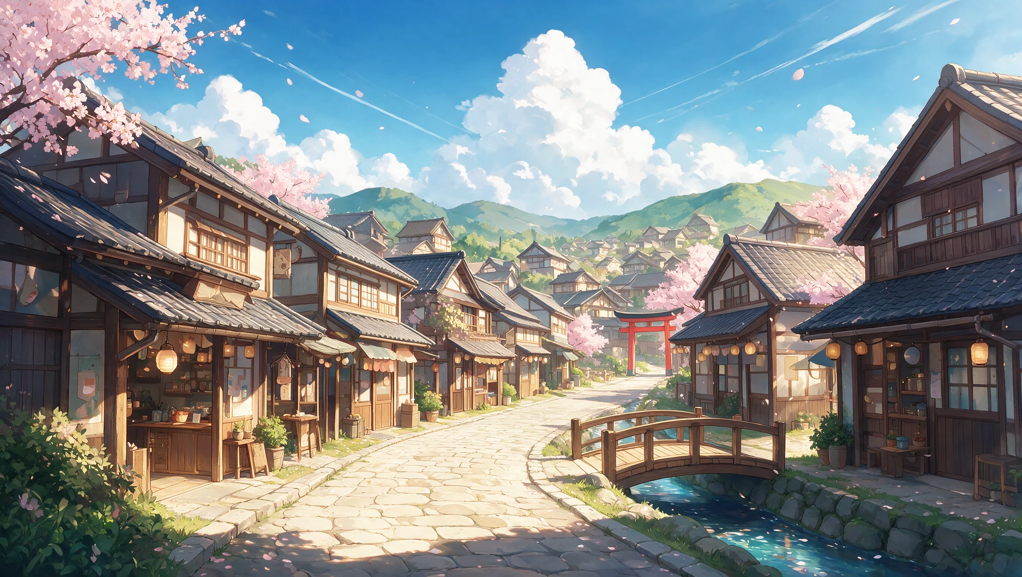 Anime-style illustration of a small Japanese town with a red torii gate, paper lanterns and cherry trees in bloom