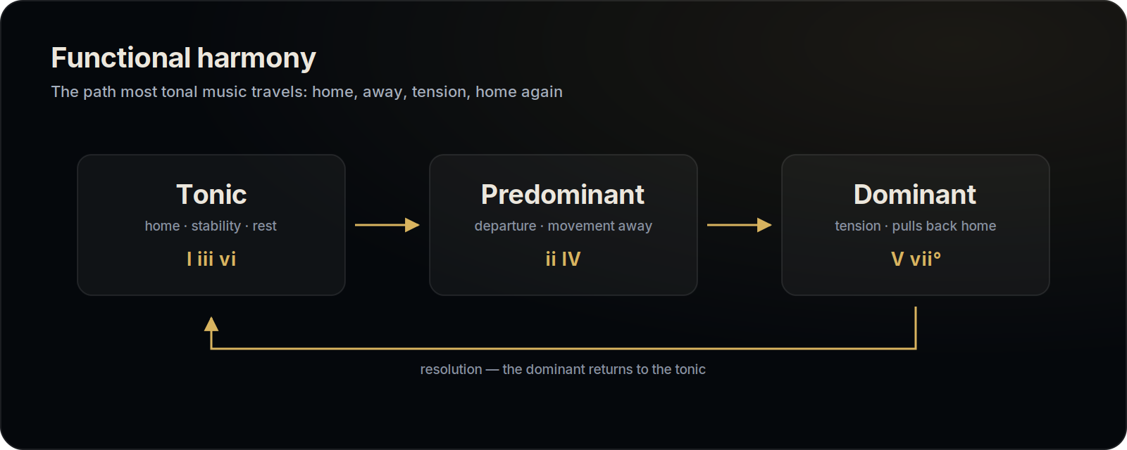 Diagram of functional harmony: tonic to predominant to dominant, resolving back to the tonic