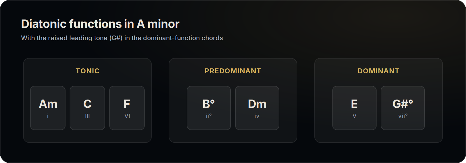 Diatonic functions in A minor: tonic i, III, VI (Am, C, F); predominant ii diminished, iv (B diminished, Dm); dominant V, vii diminished (E, G sharp diminished)
