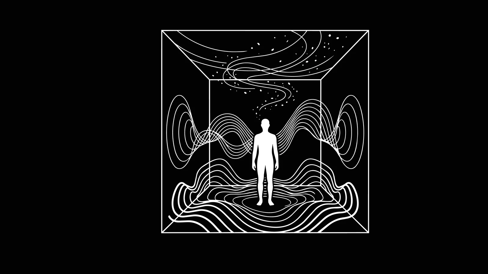 Illustration of a figure standing inside a three-dimensional space surrounded by sound waves