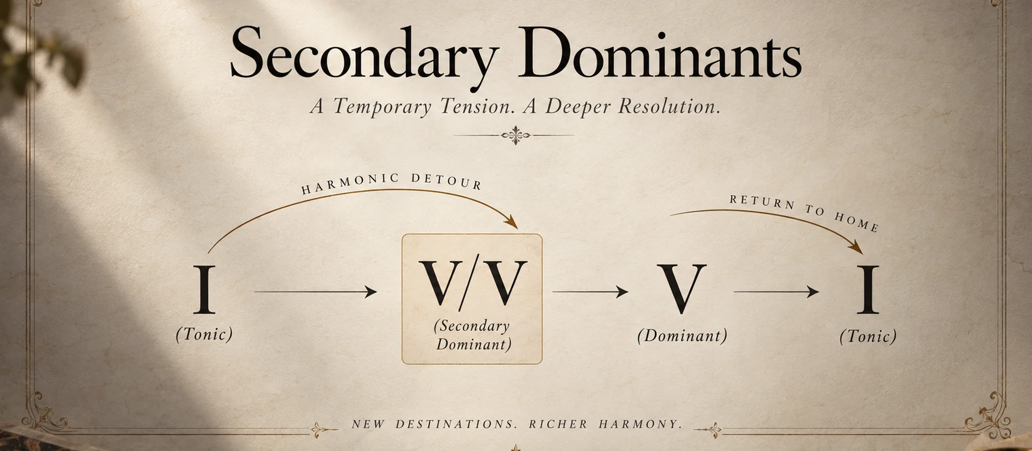 Secondary dominants: I, V of V, V and I on aged parchment, with the harmonic detour and the return home marked by arrows