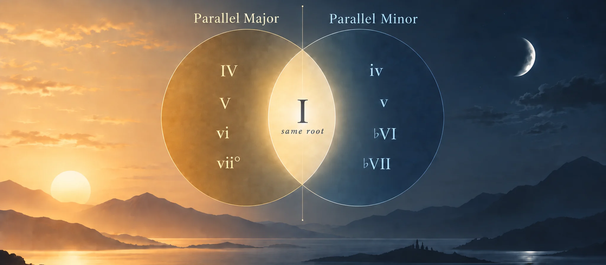 Parallel major and parallel minor as two overlapping circles over a sunrise and a moonlit night, sharing the tonic in the middle