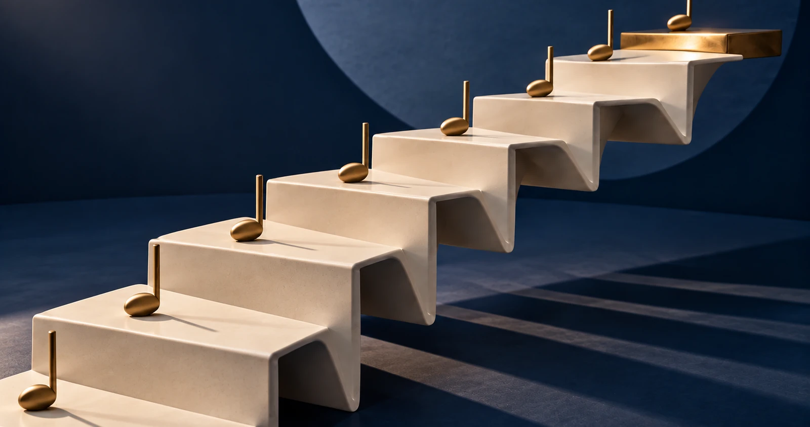A staircase of pale stone steps rising into a dark blue space, each step carrying a golden musical note