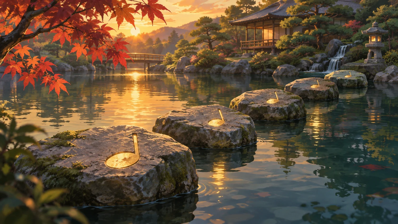 Anime-style illustration of a Japanese garden at sunset: stepping stones carrying golden musical notes cross a pond toward a wooden bridge and a tea house, framed by autumn maples
