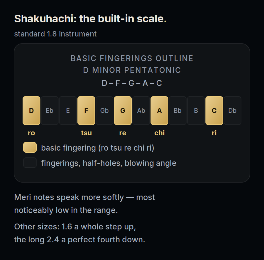 Chromatic grid for a standard 1.8 shakuhachi: the basic fingerings ro, tsu, re, chi, ri outline D minor pentatonic (D-F-G-A-C); additional pitches use fingering changes, half-holes, and blowing angle (meri)