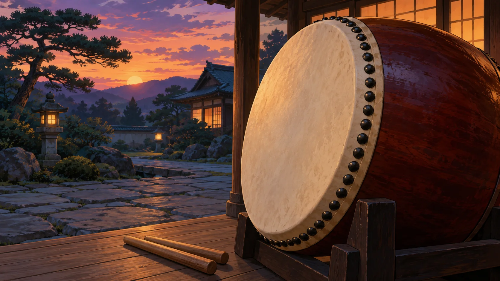 Anime-style illustration of a large o-daiko drum on a wooden stand under a temple veranda at dusk, with two bachi drumsticks lying on the floor in front of it