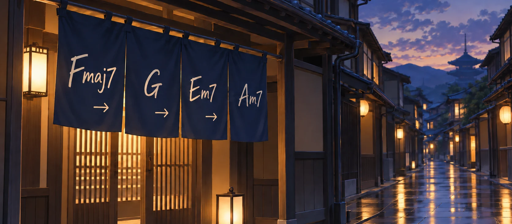 Anime-style illustration of a Japanese street at dusk: indigo noren curtains printed with the chords Fmaj7, G, Em7 and Am7 hang over a lantern-lit doorway beside a rain-wet stone lane leading to a distant pagoda