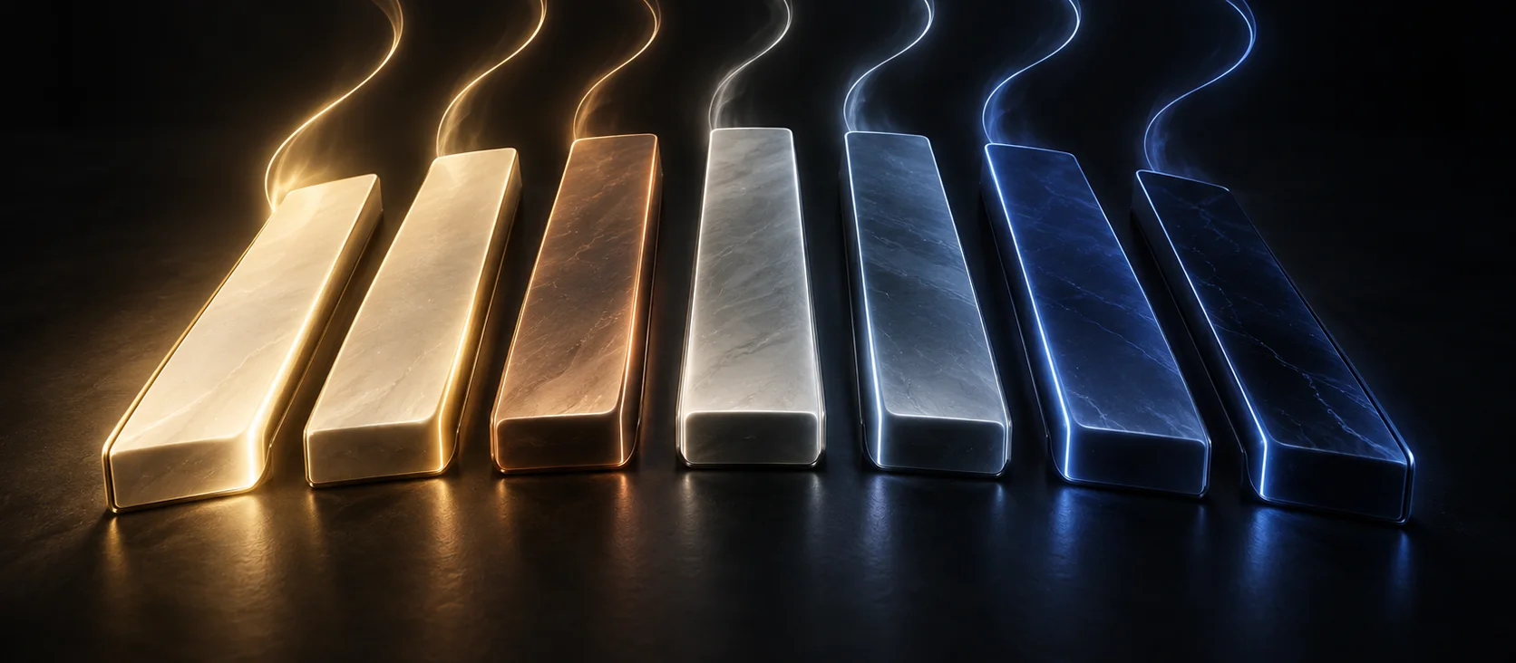 Seven glowing stone bars fading from warm gold to cold blue on a dark surface, representing the brightness spectrum of the seven musical modes