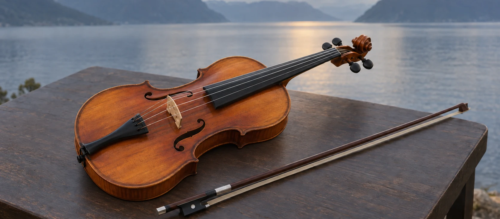An old violin and bow on a dark wooden table above a fjord at dusk, warm wood against cool mountains and water