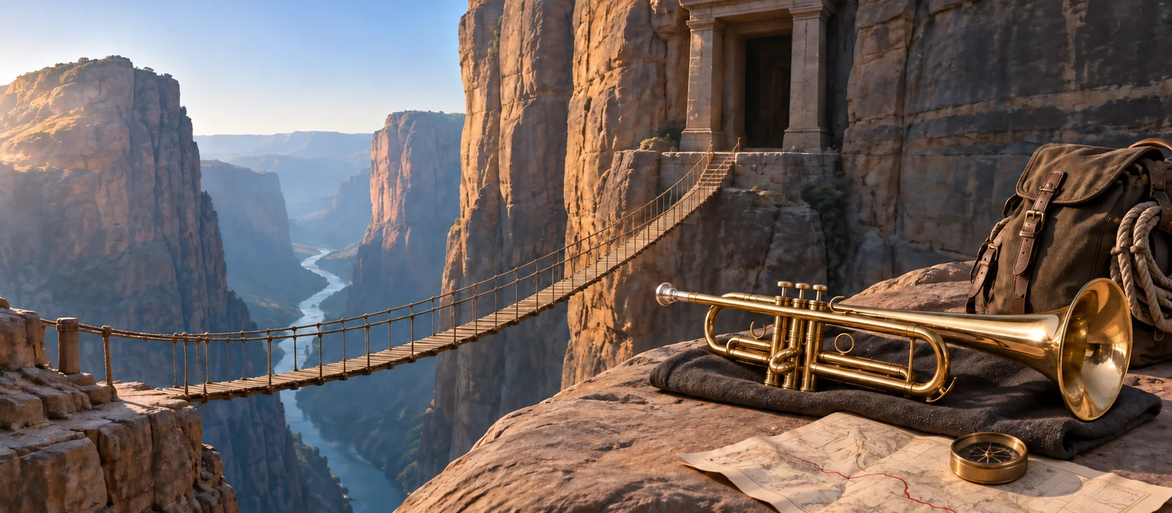 A brass trumpet resting on a cloth on a cliff ledge beside a map and compass, with a rope bridge leading across a deep canyon toward a temple carved into the rock