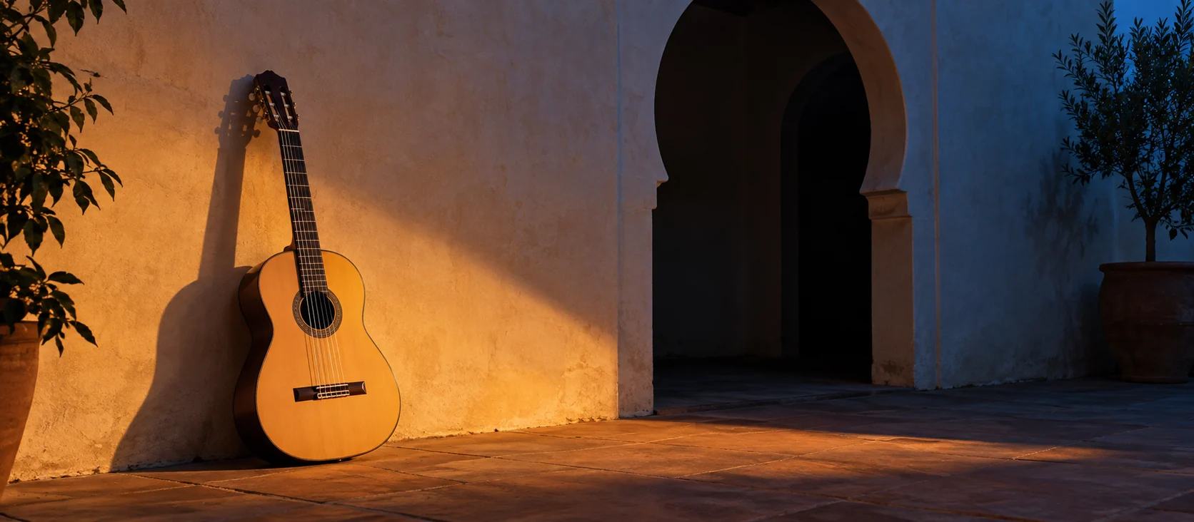 A classical guitar leaning against a sunlit plaster wall beside a horseshoe arch in a quiet courtyard at dusk