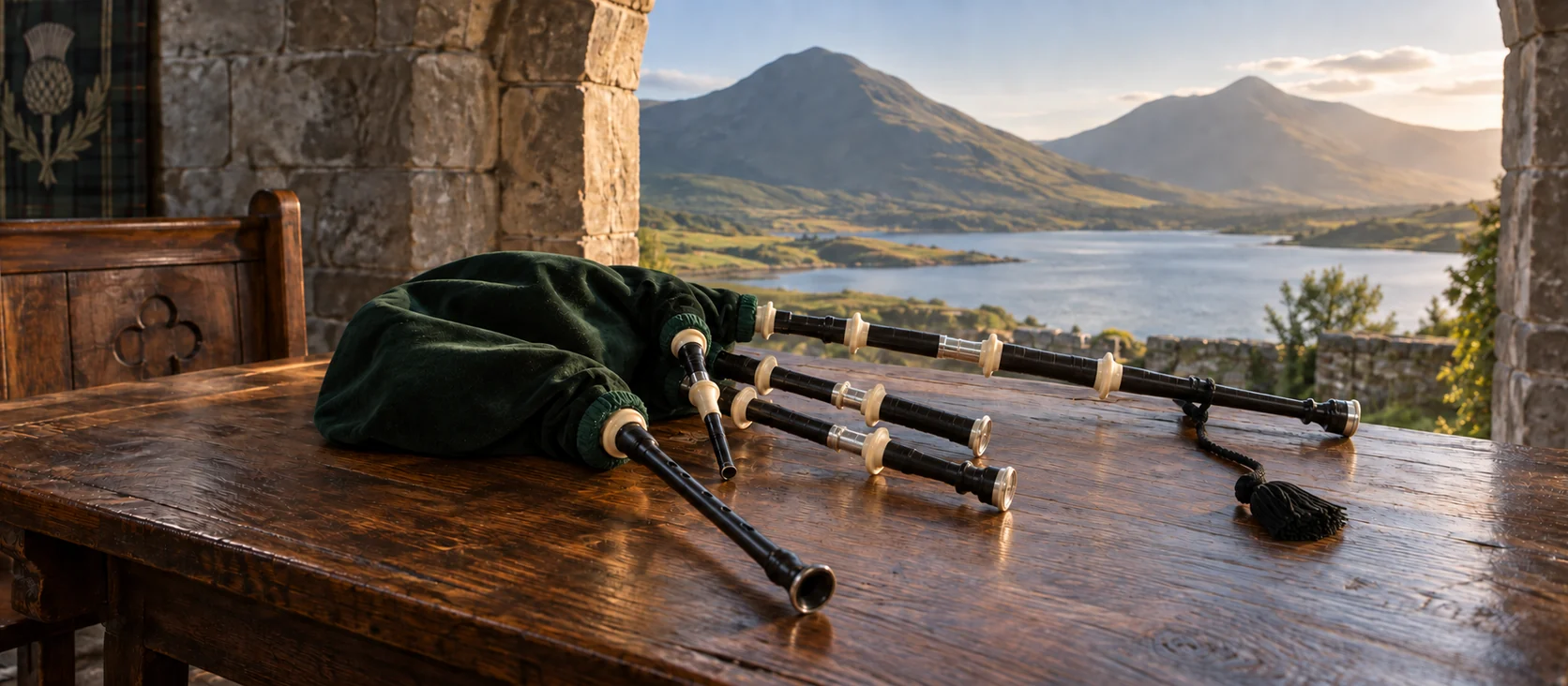Great Highland bagpipes with a green velvet bag resting on a wooden table in a stone room, with a window view of mountains and a loch in evening light