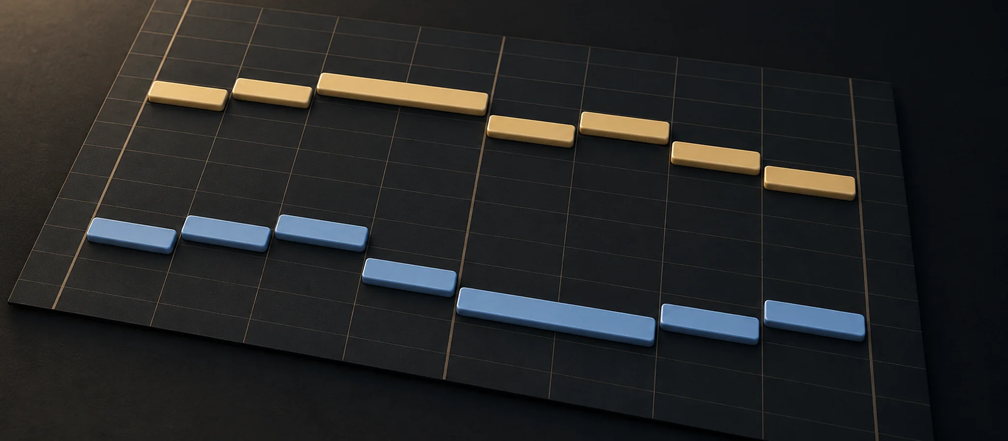 Two melodic lines shown as gold and blue note blocks on a dark piano-roll grid, moving independently against each other