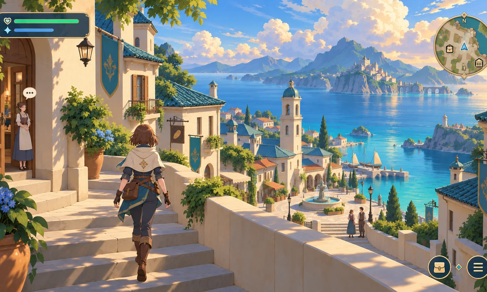 Illustration of a JRPG town: a young adventurer walks down stone steps through a sunlit seaside village, with a game HUD