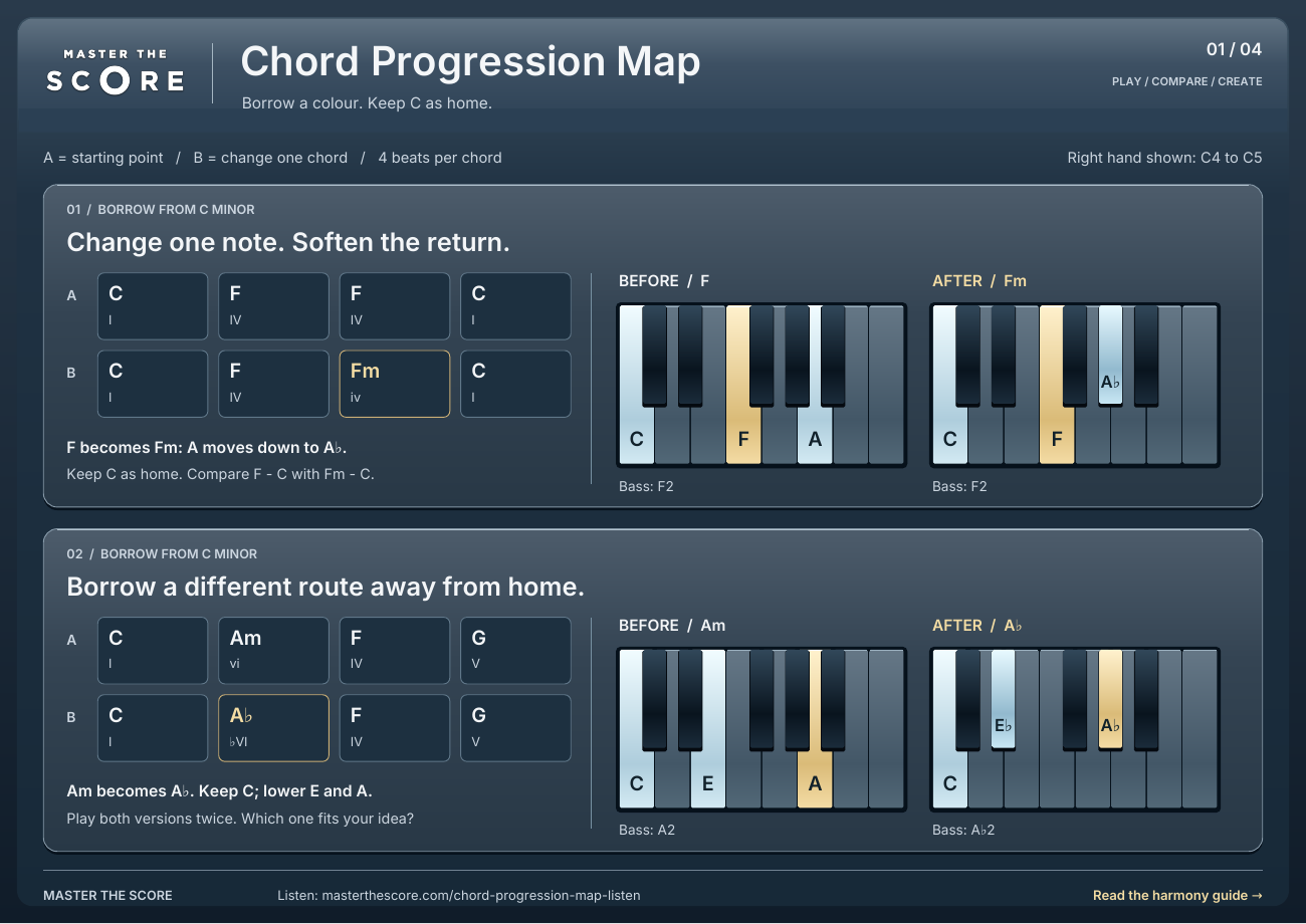 Chord Progression Map preview with before-and-after progressions and piano diagrams