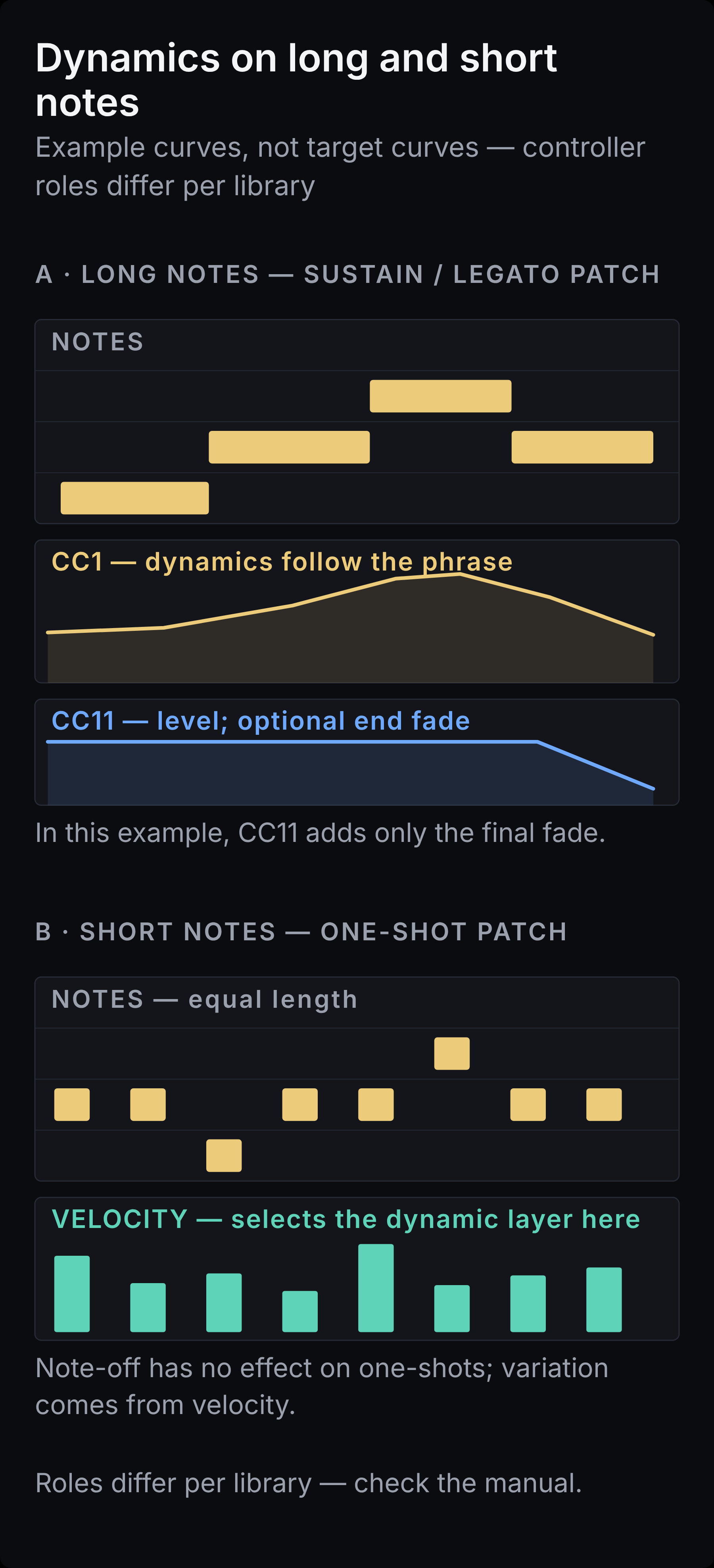 Two piano-roll examples under the title Dynamics on long and short notes. Block A, long notes on a legato patch: four notes with a CC1 curve that rises gently toward the phrase peak and tapers at the end, and a CC11 lane labeled level, optional end fade, which stays level except for one fade at the phrase end. Block B, short notes on a one-shot patch: eight notes of equal length with velocity bars of varying height, labeled velocity selects the dynamic layer in this setup, note-off has no effect on one-shots.