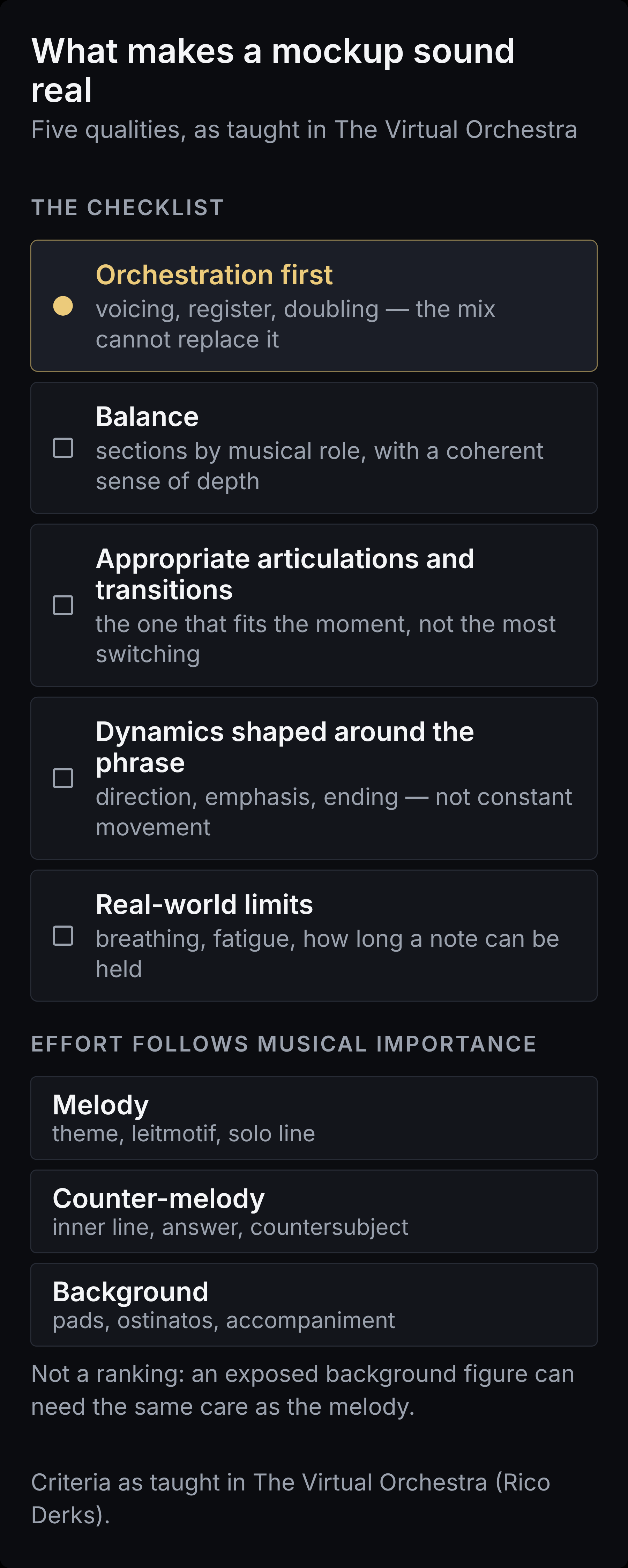 Checklist with five rows: orchestration first, balance, appropriate articulations and transitions, dynamics shaped around the phrase, real-world limits such as breathing and note length. Beside it, three equal boxes labeled melody, counter-melody, and background under the heading effort follows musical importance, with the note that this is not a ranking.